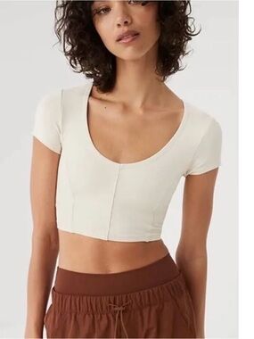 (Offline by Aerie) Short Sleeve V Neck Cropped Ribbed V Neck Spandex Tee Shirt